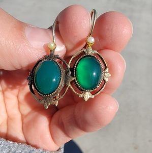 Vintage Green Drop Earrings with seed Pearls Bronzy Sterling